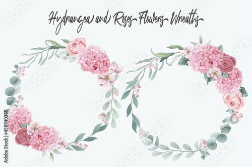 Watercolor hydrangea and roses flowers wreaths collection