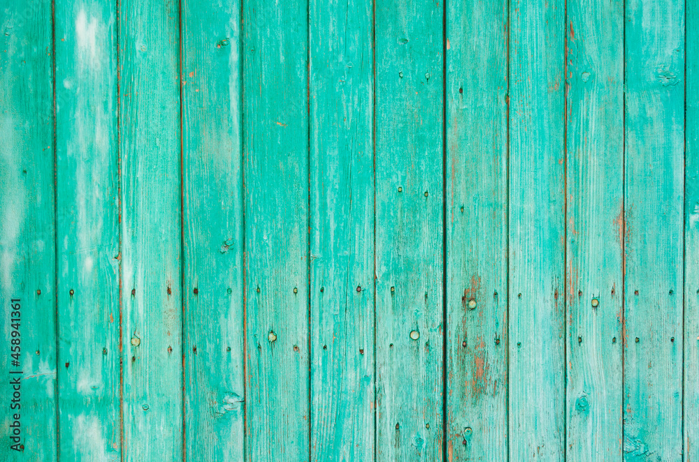 Background from wooden vertical planks, painted in a beautiful light green color, a little shabby, nailed with old rusted nails