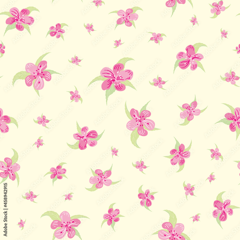 Sakura blossom seamless vector pattern background. Scattered cherry petals leaves pink pastel on yellow backdrop. Feminine repeat floral botanical design with spring buds. Elegant all over print