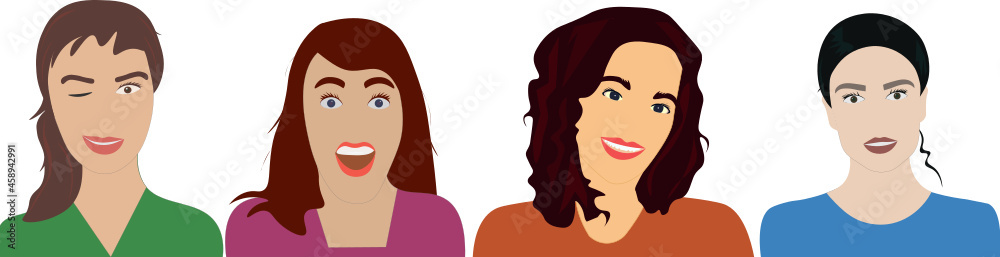 Gestos diferentes de rostros de mujeres. Fondo transparente Gestos diferentes de rostros de mujeres. Fondo transparente
