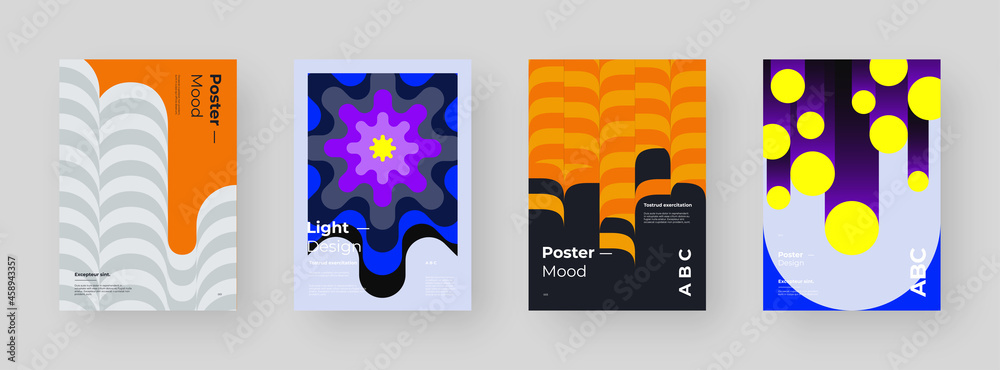 Abstract set Placards, Posters, Flyers, Banner Designs. Colorful illustration on vertical A4 format. Original geometric shapes composition. Decorative minimal backdrop.
