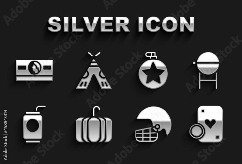 Set Pumpkin, Barbecue grill, Casino chip and playing cards, American football helmet, Soda with straw, Canteen water bottle, Stacks paper money cash and Indian teepee or wigwam icon. Vector