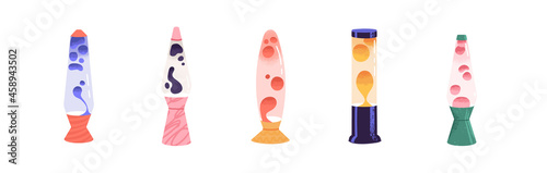 Set of lava lamps in different shapes and colors. Neon fluid melting bubbles in retro style. Hand drawn colorful vector illustrations. Lights for room aesthetic or decoration concept. Rainbow drops
