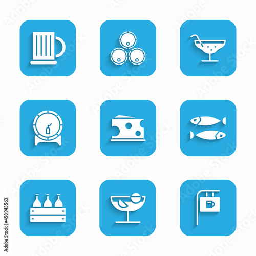 Set Cheese, Cocktail, Street signboard with Bar, Dried fish, Bottles of wine in wooden box, Wooden barrel on rack, and beer mug icon. Vector