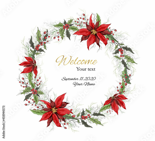 a wreath of winter flowers (poinsettia, white mistletoe, holly) isolated on a white background. realistic of bouquets, leaves, hand-drawn. for seasonal postcard, print, holiday. art vintage style
