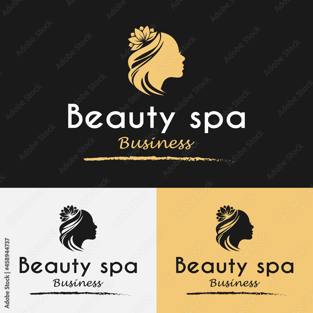 Fototapeta premium Women Head Silhouette with Lotus Flower for Beauty Spa Logo Design Template. Suitable for Cosmetic Dermatology Beauty Medi Spa Therapy Medicine Salon Business Brand.