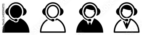 Set of support service icons. People with headphones, live chat symbol, call center. Hotline, customer advice, online web support. Vector.