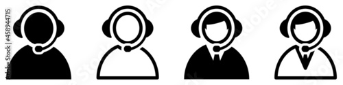 Set of support service icons. People with headphones, live chat symbol, call center. Hotline, customer advice, online web support. Vector.