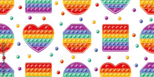 Fidget toy pattern. Popit sensory vector toy. Seamless rainbow popular pop it. 3d realistic antistress fidgeting toy. Bubble popit fidget vector. Child anti stress sensory icon. Cartoon illustration