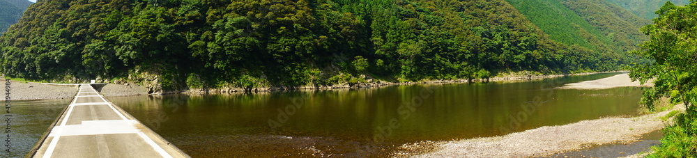 Panoramic view of Shimanto River Valley and Iwama Sinking bridge in Kochi, Shikoku, Japan - 日本 四国 高知 四万十川 岩間沈下橋 パノラマ Panoramic view of Shimanto River Valley and Iwama Sinking bridge in Kochi, Shikoku, Japan - 日本 四国 高知 四万十川 岩間沈下橋 パノラマ
