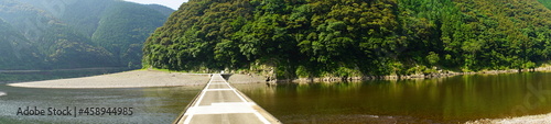Panoramic view of Shimanto River Valley and Iwama Sinking bridge in Kochi, Shikoku, Japan - 日本 四国 高知 四万十川 岩間沈下橋 パノラマ 