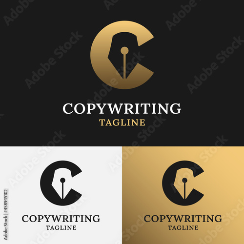 Letter Initial C Pen Copywriting in Negative Space Logo Design Template. Suitable for Copywriter Content Creator Author Writer Blogger Editor Business Brand Company in Simple Retro Hipster Logo Design