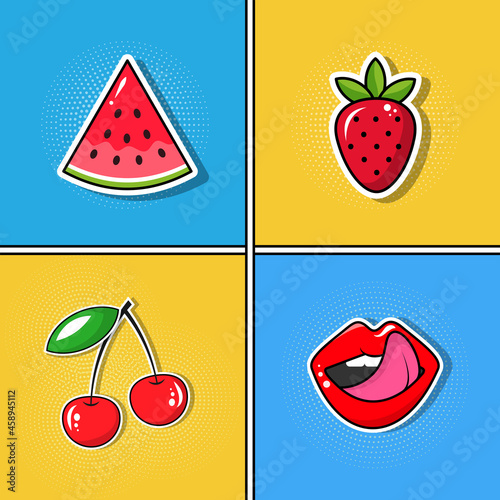 Stickers watermelon, strawberry, cherry, lips in pop art style