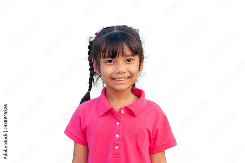Portrait of an Asian little girl with dark braid looking smiling at camera isolated on white background. Portrait of an Asian little girl with dark braid looking smiling at camera isolated on white background.