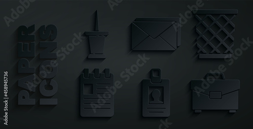 Set Identification badge, Trash can, Spiral notebook, Briefcase, Envelope and Push pin icon. Vector