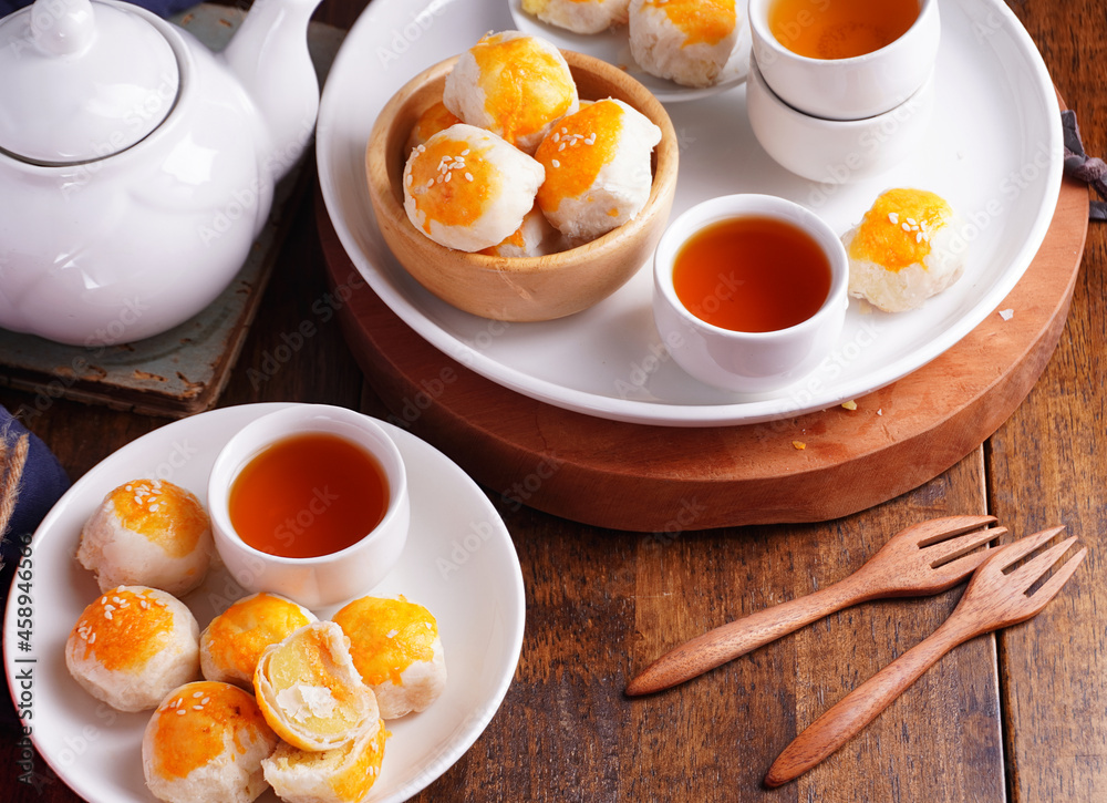 Sweet Filling with Salted Egg and Hot Tea, Asian Mid-Autumn Festival Sweet Filling with Salted Egg and Hot Tea, Asian Mid-Autumn Festival