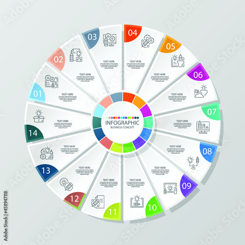 Basic circle infographic template with 14 steps, process or options, process chart, Used for process diagram, presentations, workflow layout, flow chart, infograph. Vector eps10 illustration.