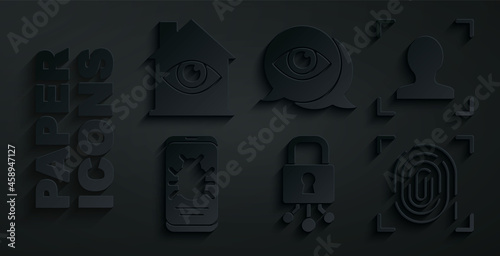 Set Cyber security, Face recognition, System bug mobile, Fingerprint, Eye scan and House with eye icon. Vector
