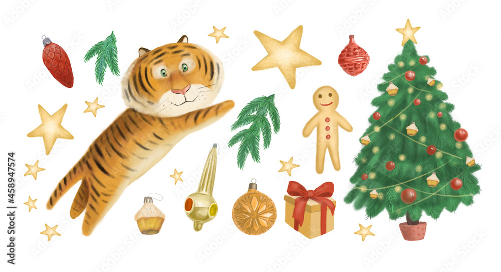 Christmas collection with tiger and tree decorations. The symbol of the new year of the Chinese calendar. Hand-drawn image. Watercolors and illustrations. Christmas collection with tiger and tree decorations. The symbol of the new year of the Chinese calendar. Hand-drawn image. Watercolors and illustrations.