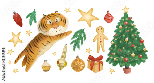 Christmas collection with tiger and tree decorations. The symbol of the new year of the Chinese calendar. Hand-drawn image. Watercolors and illustrations.