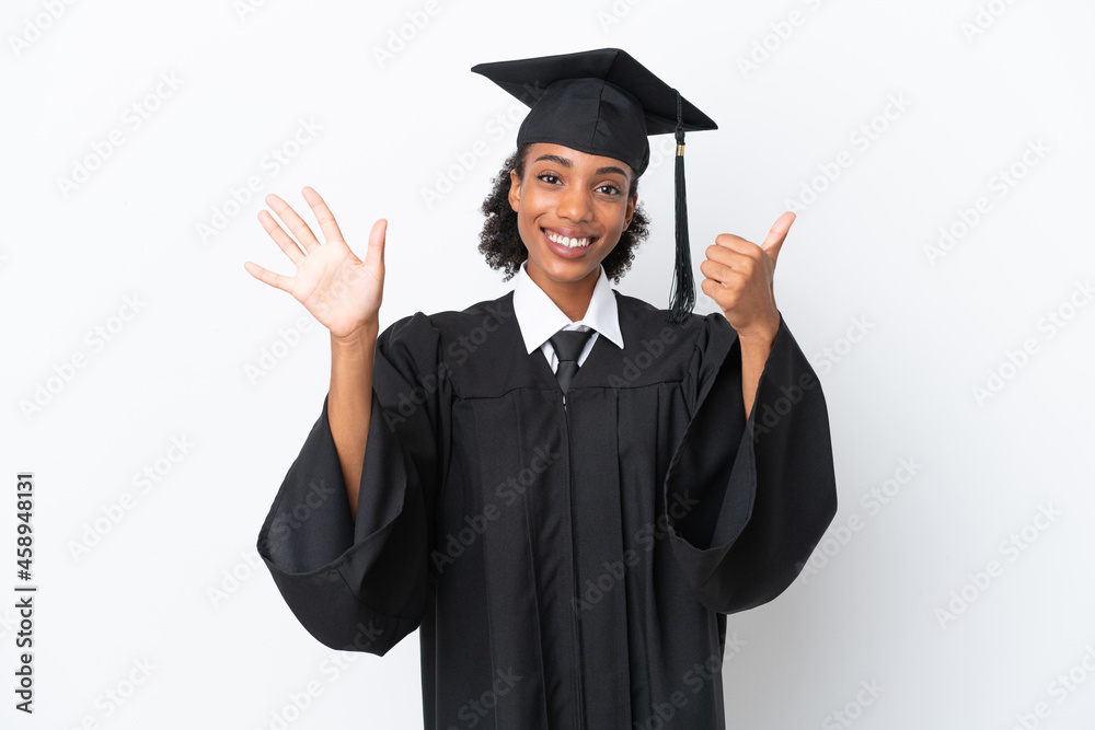 Young university graduate African American woman isolated on white background counting six with fingers Young university graduate African American woman isolated on white background counting six with fingers
