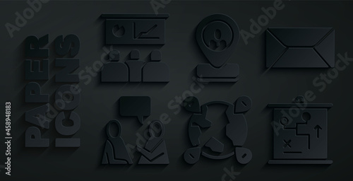 Set Location on the globe, Envelope, Two sitting men talking, Planning strategy concept, Worker location and Training, presentation icon. Vector