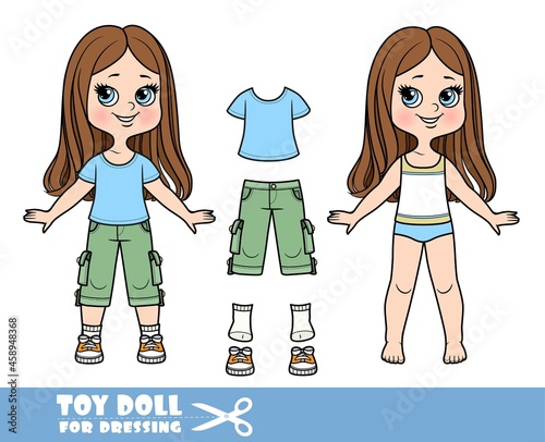 Cartoon girl with straight hair dressed and clothes separately - blue t-shirt,patch pocket breeches khaki, sneakers  doll for dressing