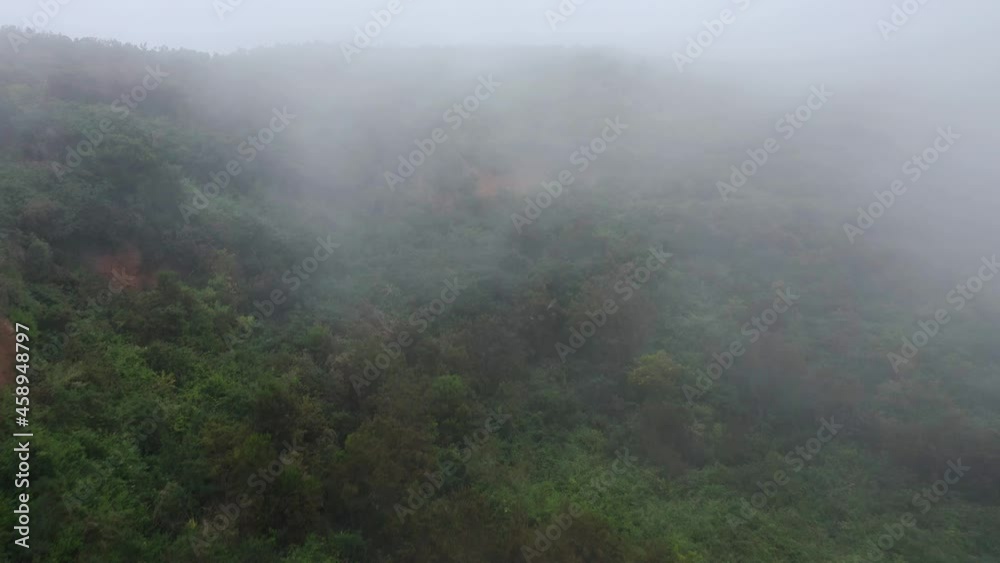 Flying along the slope of the mountain at cloud level. Red clay soil and rich green vegetation. Canary Islands, Spain Flying along the slope of the mountain at cloud level. Red clay soil and rich green vegetation. Canary Islands, Spain