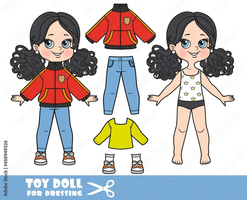 Cartoon girl with black ponytails dressed and clothes separately - demi-season jacket, long-sleeved T-shirt, jeans and sneakers doll for dressing Cartoon girl with black ponytails dressed and clothes separately - demi-season jacket, long-sleeved T-shirt, jeans and sneakers doll for dressing