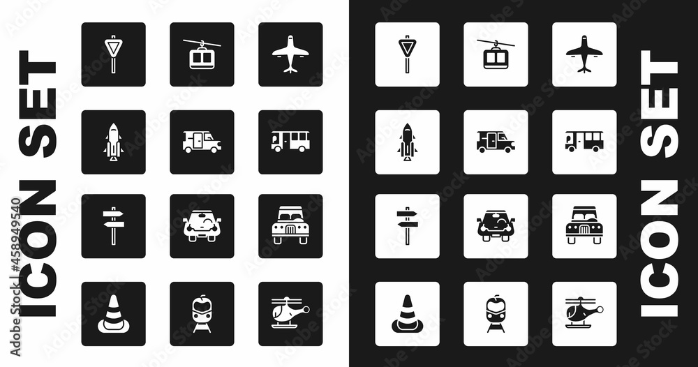 Set Plane, Minibus, Rocket ship with fire, Road traffic signpost, Bus, Cable car, Car and icon. Vector Set Plane, Minibus, Rocket ship with fire, Road traffic signpost, Bus, Cable car, Car and icon. Vector
