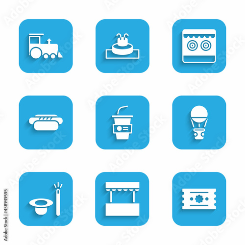 Set Paper glass with water, Ticket box office, Hot air balloon, Magic hat and wand, Hotdog, Shooting gallery and Toy train icon. Vector