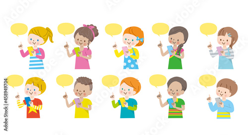 スマホの画面を見ながら会話する世界の子供達のイラスト