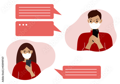 A man and a woman are discussing the news in a chat through correspondence in their mobile phone.