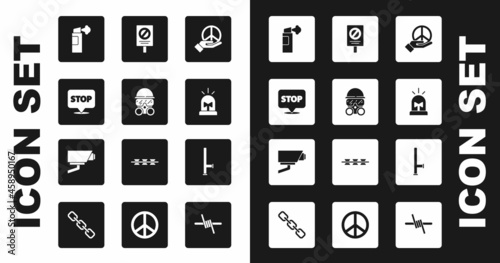 Set Peace, Gas mask, Protest, Pepper spray, Flasher siren, Police rubber baton and Security camera icon. Vector