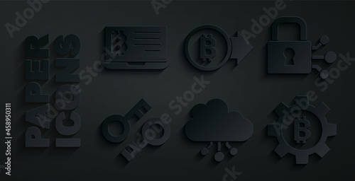 Set Cryptocurrency cloud mining, Lock with bitcoin, key, Bitcoin, and Mining from laptop icon. Vector