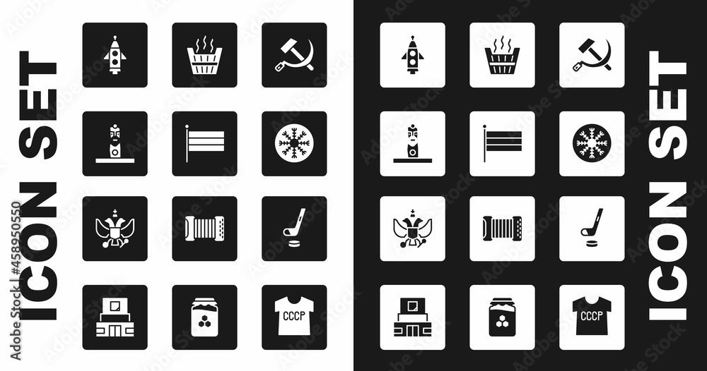 Set Hammer and sickle USSR, National Russia flag, Slavic pagan idol, Rocket ship, Snowflake, Sauna bucket, Ice hockey stick puck and emblem of icon. Vector Set Hammer and sickle USSR, National Russia flag, Slavic pagan idol, Rocket ship, Snowflake, Sauna bucket, Ice hockey stick puck and emblem of icon. Vector
