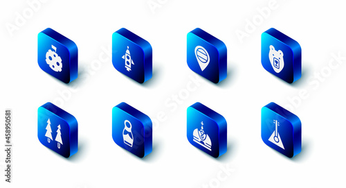 Set Rocket ship, Location Russia, Bear head, Balalaika, King crown, Russian doll matryoshka, Christmas tree and Moon with flag icon. Vector