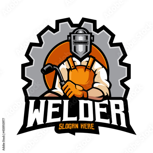 welder mascot logo design illustration vector isolated on white background