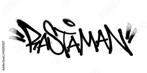 Sprayed rastaman font graffiti with overspray in black over white. Vector illustration.