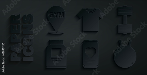 Set Mobile with heart rate, Dumbbell, Sports nutrition, Kettlebell, T-shirt and Location gym icon. Vector