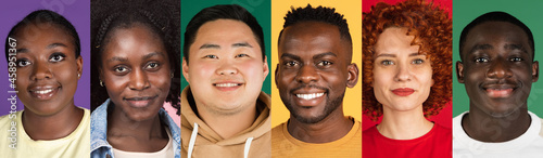 Close-up portraits of group of multiethnic young people looking at camera on multicolored background. Concept of emotions, facial expressions. Collage