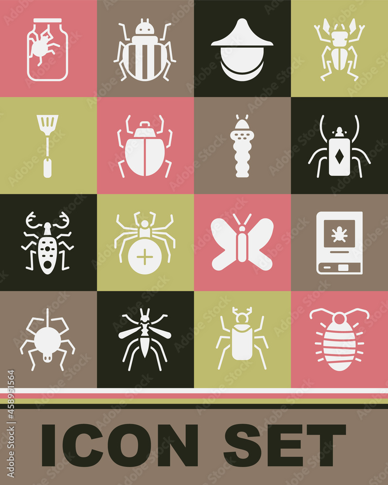 Set Larva insect, Book about, Beetle bug, Beekeeper hat, Mite, Fly swatter, Spider jar and icon. Vector Set Larva insect, Book about, Beetle bug, Beekeeper hat, Mite, Fly swatter, Spider jar and icon. Vector