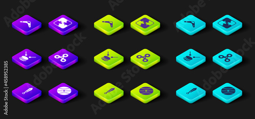Set Sword toy, Basketball ball, Drum with drum sticks, Fidget spinner, Puzzle pieces and Boomerang icon. Vector
