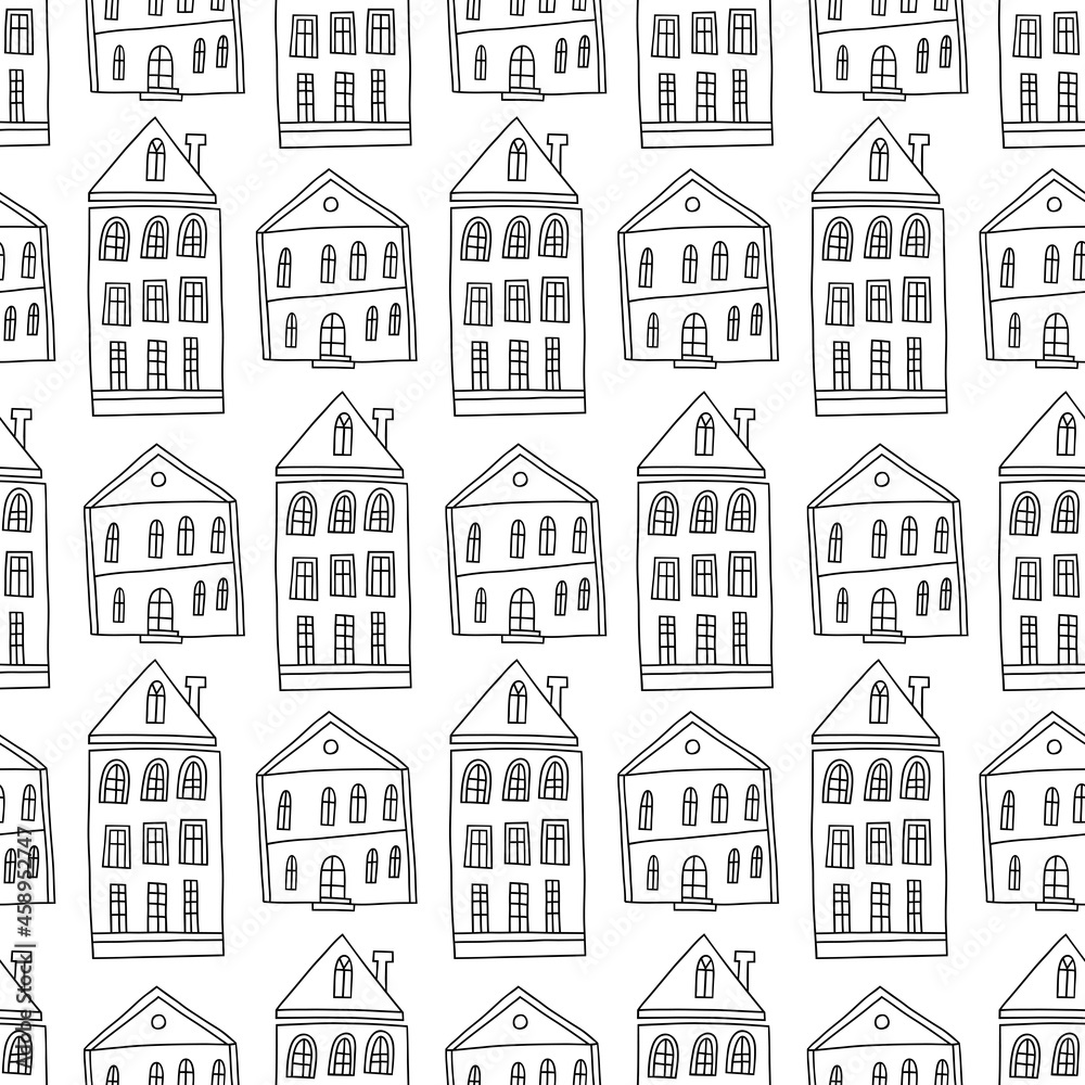 Seamless pattern of hand drawn cute houses. Vector seamless background.
