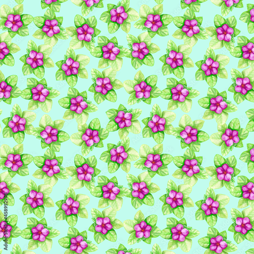 watercolor floral seamless pattern green and pink for background, 
design, decoration with pink flowers on light blue background