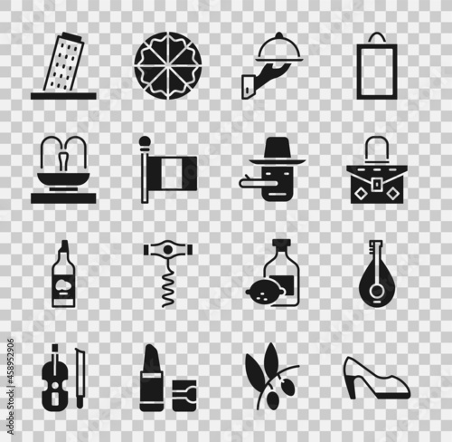 Set Woman shoe, Mandolin, Handbag, Covered with tray of food, Flag Italy, Fountain, Tower Pisa and Pinocchio icon. Vector