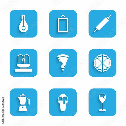 Set Slice of pizza, Ice cream, Wine glass, Pizza, Coffee moca pot, Fountain, Rolling pin and Mandolin icon. Vector