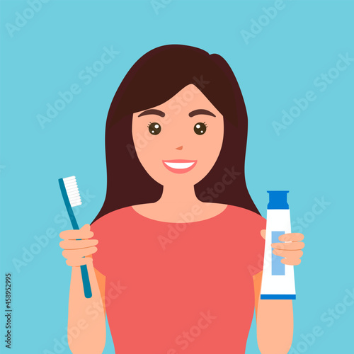 Woman brushing teeth in the bathroom in flat design. Female cleaning teeth to prevent tooth decay. Dental hygiene with toothbrush and toothpaste.
