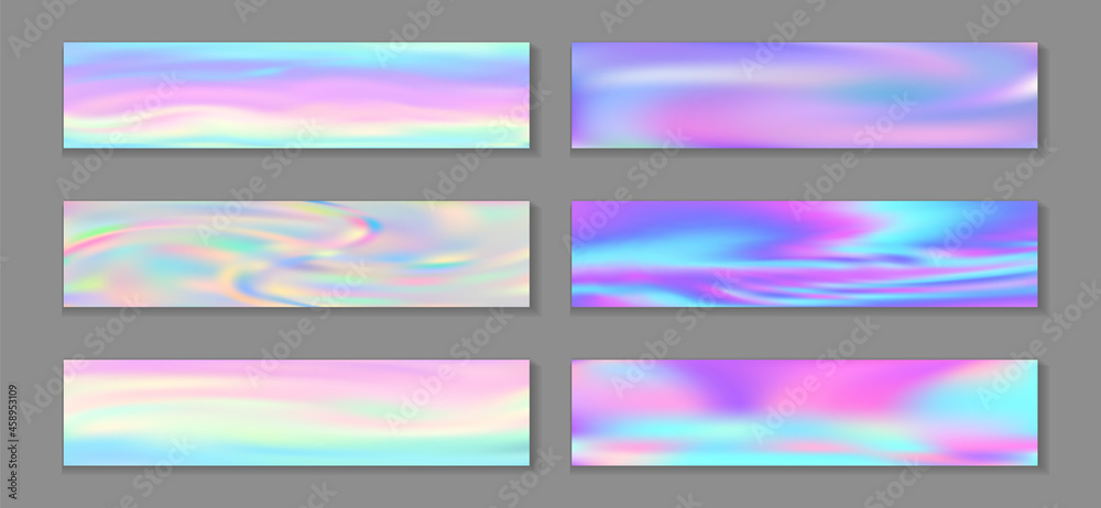 Hologram magic banner horizontal fluid gradient mermaid backgrounds vector collection. Pearlecent