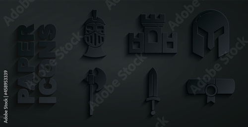 Set Medieval sword, iron helmet, axe, Decree, parchment, scroll, Castle, fortress and icon. Vector